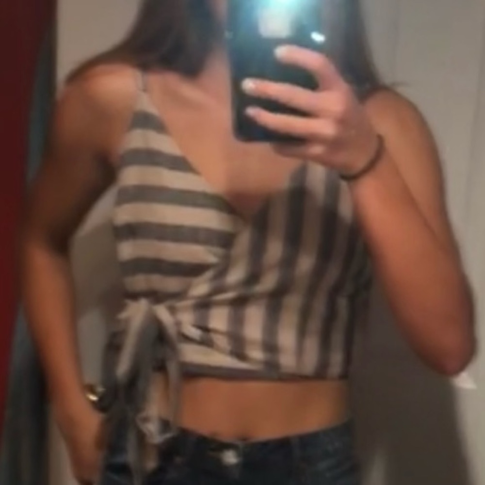 ASTR Linen-Blend Wrap Crop Top In Navy & Tan Stripe Women's Size Small